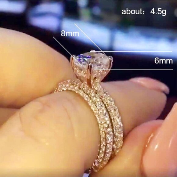 💍 Dainty Oval Gemstone Anillo Micro Pave Rose Gold Ring Set for Women, VIP590 - Picture 3 of 4